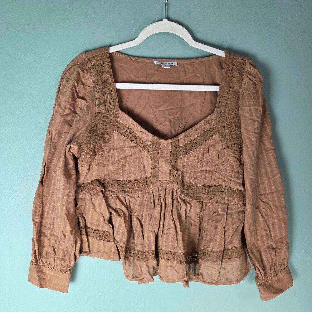 American Eagle Brown Milkmaid Blouse Boho Chic Cottagecore Puff Sleeve Romantic